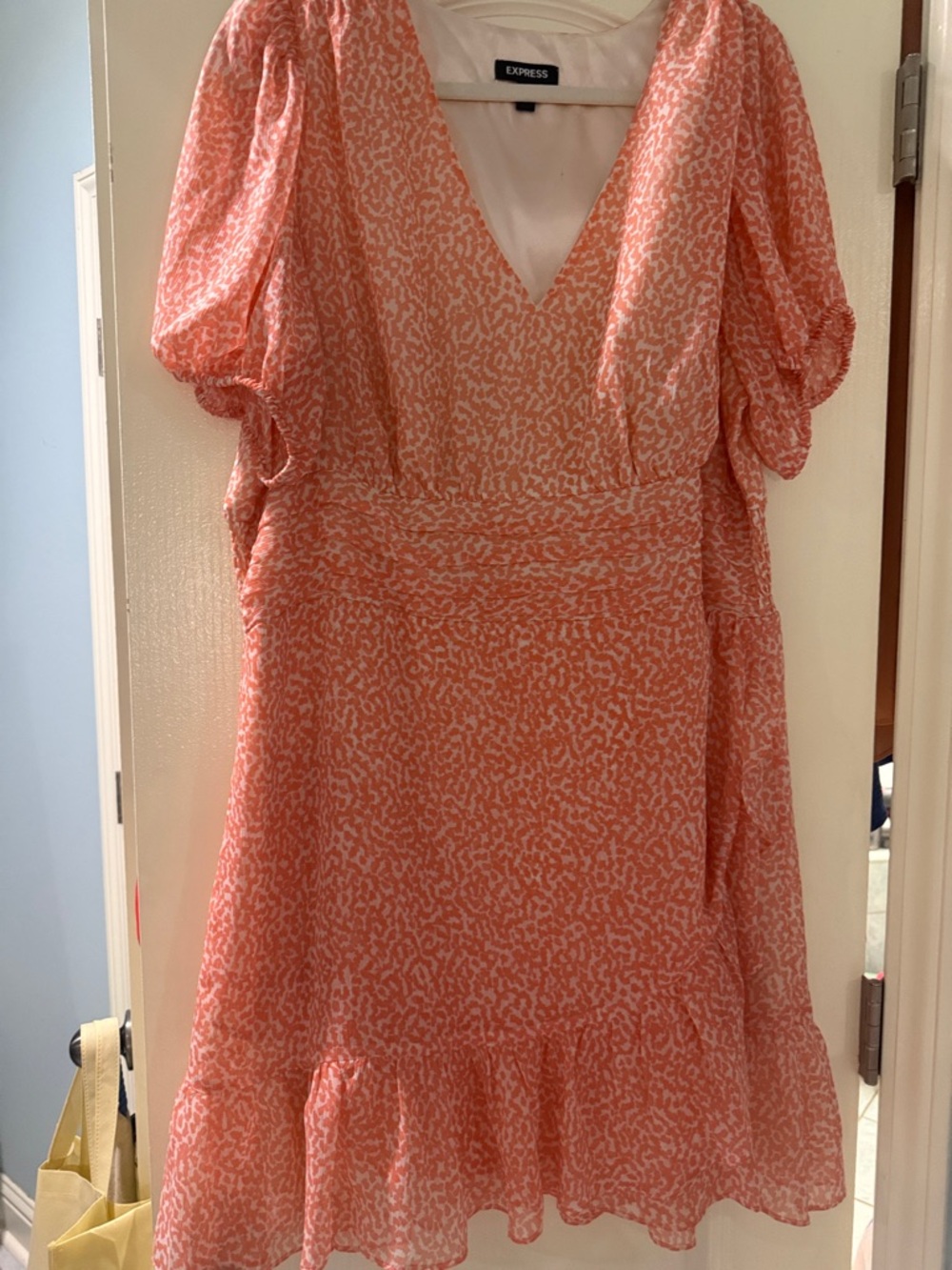 Express Coral and White V-Neck Puff Sleeve Dress